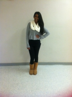  Senior Namrita Nigam wearing a Cashmere sweater and leggings with ugg boots in AHS. “ My favorite cozy outfit,” Nigam said. To students, cozy outfits like these motivate them to come to school