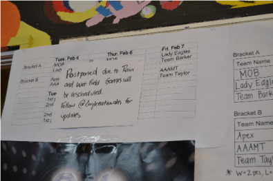 This notice was posted after the morning rain on Thursday, February 6 left the grass slippery and muddy. Two games were played earlier in the week with a win for MOB and a tie between Apex and AAAMT. A team earns two points for each win, zero for a loss, and one for a tie. PC: Caroline Lee