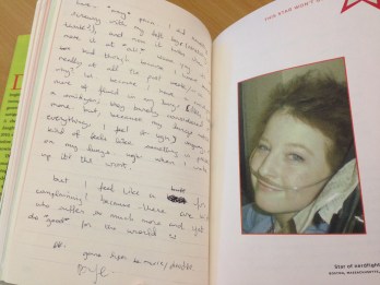 The book is filled with photographs of Esther, journal entries she wrote, letters to her family, and notes back from her friends. Esther always wanted to stay positive and be happy, and to cherish those who you love and that love you the m