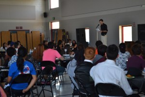 Poetry Slam winner Elias Kamal (11) presents his piece titled “OCD” to an attentive audience. Contestants recited their various poems, including a duo of two sophomore students, Jihan Yin and Rishi Puri. “Performing in front of an audience wasn’t much of an issue, especially since we performed as partners,” Yin and Puri said. “The audience was really respectful and once you got up there on the stage, a sort of calm settles over you, and it’s quite easy to perform.”