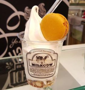 A Milkyway soft-scream ice cream, topped off with a fresh macaroon.  